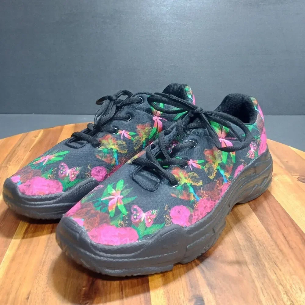 Yes We Vibe Sneakers‎ Shoes Womens Sz 7 M Floral Butteryfly Lace Up Colorful